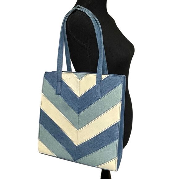 No Brand Handbags - Blue and Cream Chevron Denim Structured Tote Shoulder Bag